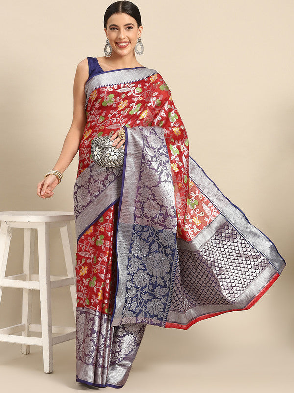 Red Brocade Saree with Woven Zari Floral Design
