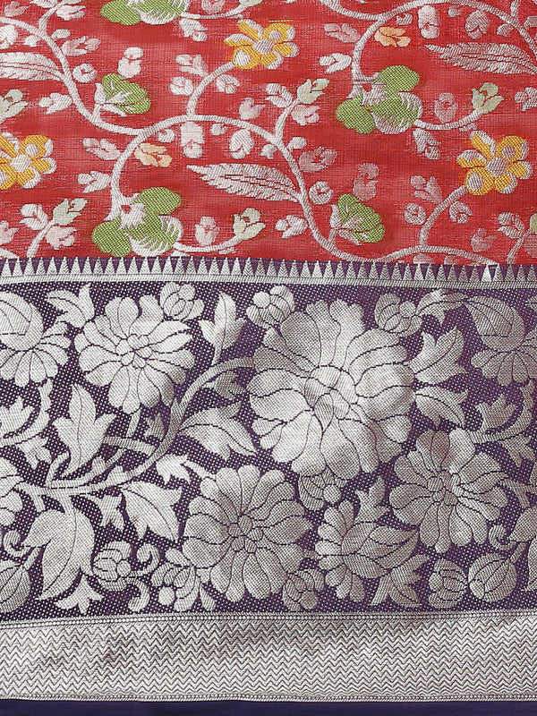 Red Brocade Saree with Woven Zari Floral Design