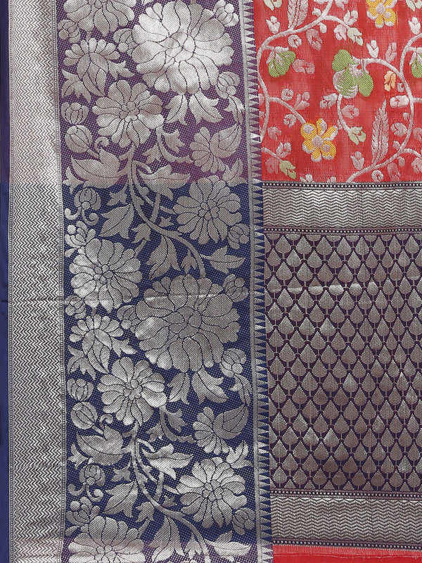Red Brocade Saree with Woven Zari Floral Design