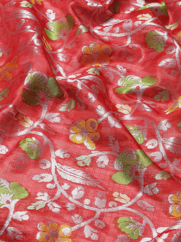 Red Brocade Saree with Woven Zari Floral Design