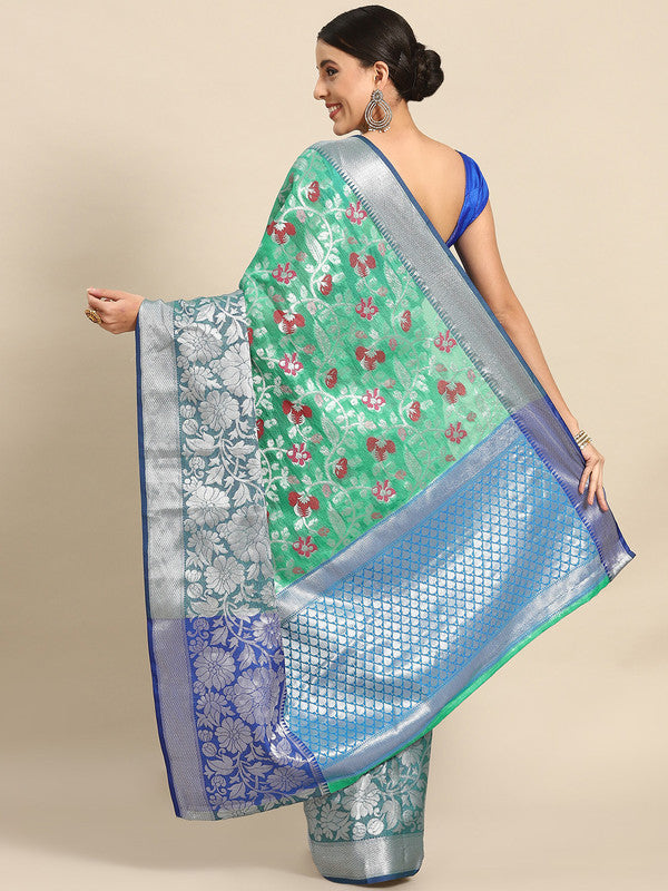 Turquoise Brocade Saree with Woven Zari Floral Design