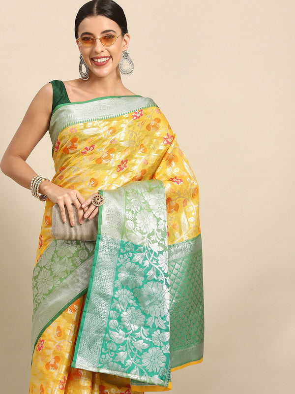 Yellow Brocade Woven Zari Design Floral Saree with Unstitched Blouse - Hiral Fashion