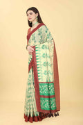 Beige floral printed cotton blend saree with unstitched blouse
