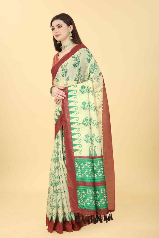 Beige floral printed cotton blend saree with unstitched blouse