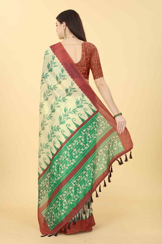 Beige Floral Printed Cotton Blend Saree with Unstitched Blouse