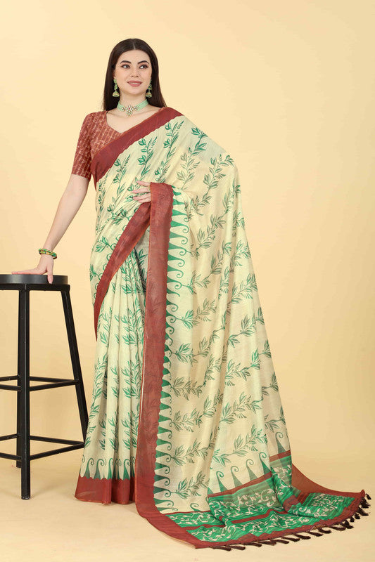Beige Floral Printed Cotton Blend Saree with Unstitched Blouse
