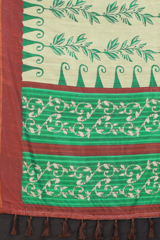 Beige Floral Printed Cotton Blend Saree with Unstitched Blouse