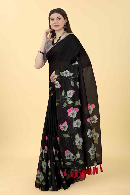 Black cotton blend saree with colorful floral print and matching blouse piece