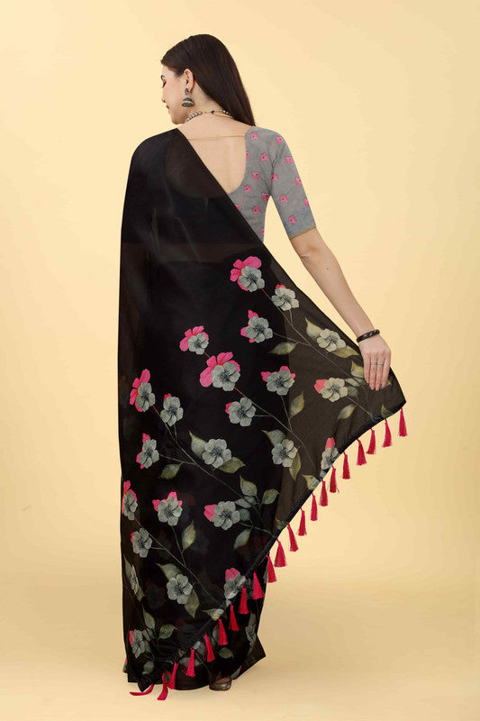 Black Floral Printed Cotton Blend Saree with Unstitched Blouse
