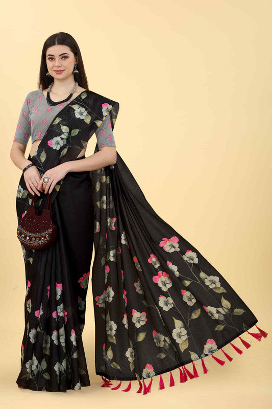Black Floral Printed Cotton Blend Saree with Unstitched Blouse