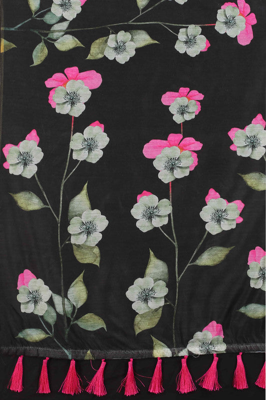 Black Floral Printed Cotton Blend Saree with Unstitched Blouse
