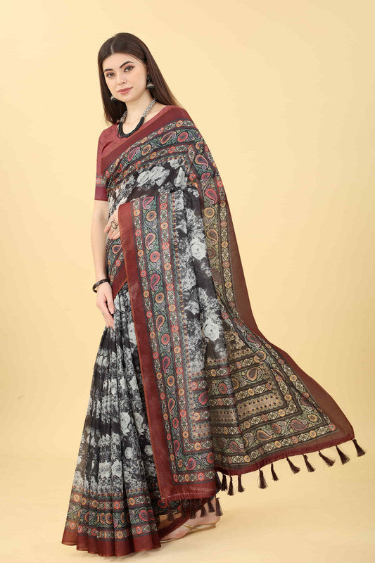Multicolor floral printed cotton blend saree with unstitched blouse in black and maroon tones