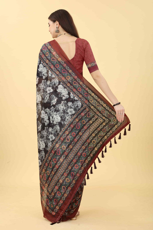 Multicolor Cotton Blend Floral Printed Saree with Blouse