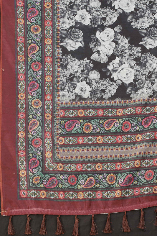 Multicolor Cotton Blend Floral Printed Saree with Blouse