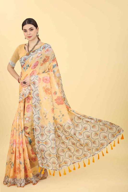 Peach cotton blend floral saree with an unstitched blouse piece