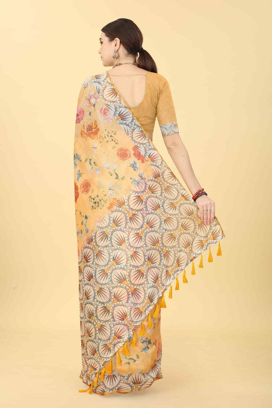 Peach Cotton Blend Floral Print Saree with Unstitched Blouse