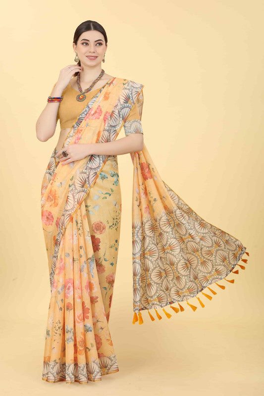 Peach Cotton Blend Floral Print Saree with Unstitched Blouse