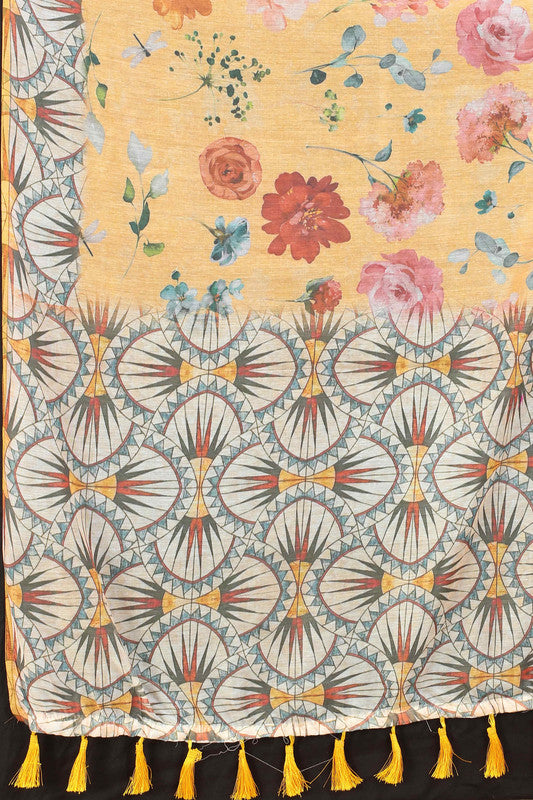 Peach Cotton Blend Floral Print Saree with Unstitched Blouse
