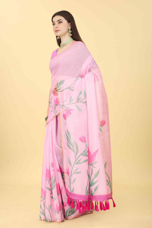 Pink Cotton Blend Printed Floral Saree with Unstitched Blouse - Hiral Fashion
