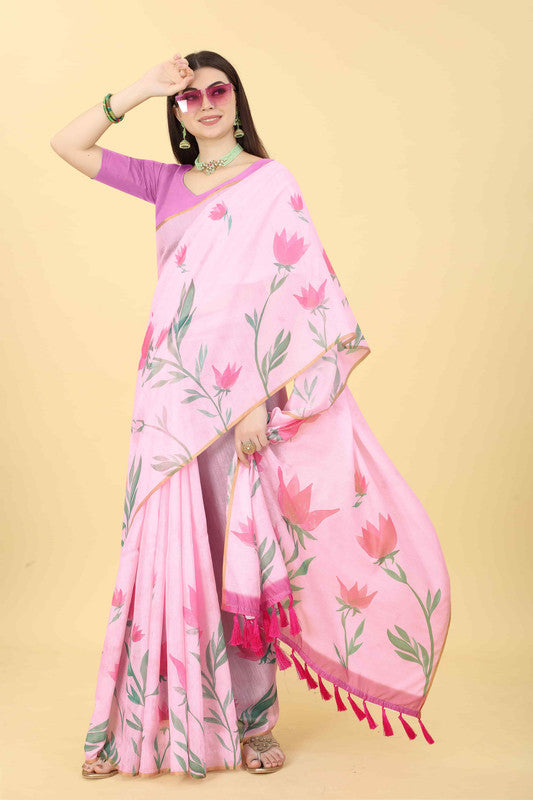Pink Cotton Blend Printed Floral Saree with Unstitched Blouse - Hiral Fashion