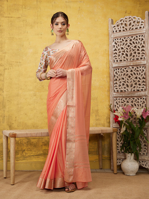 Peach Pure Viscose Chinon Zari Woven Solid Saree with Unstitched Blouse - Hiral Fashion