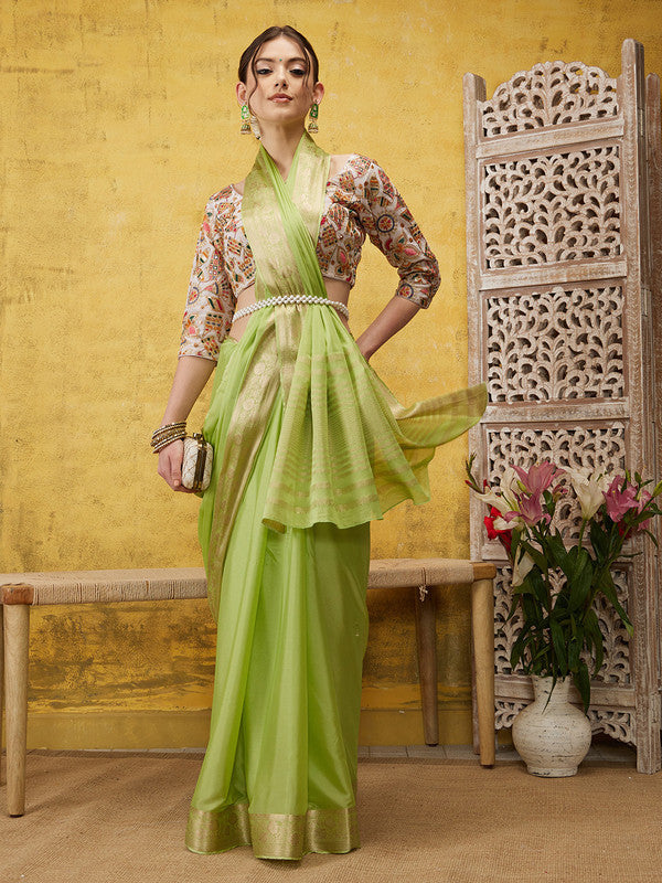 Green pure viscose chinon saree with zari woven borders and unstitched blouse