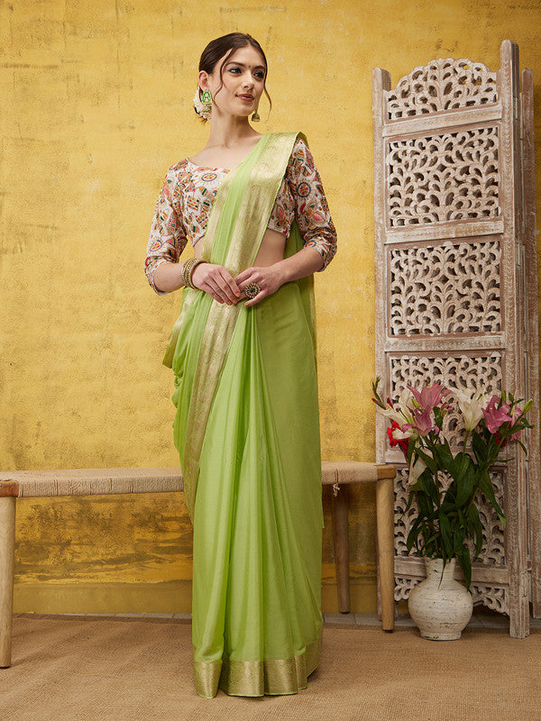 Green Pure Viscose Chinon Zari Woven Solid Saree with Unstitched Blouse