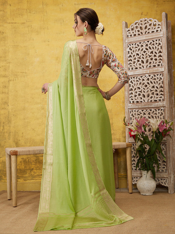 Green Pure Viscose Chinon Zari Woven Solid Saree with Unstitched Blouse