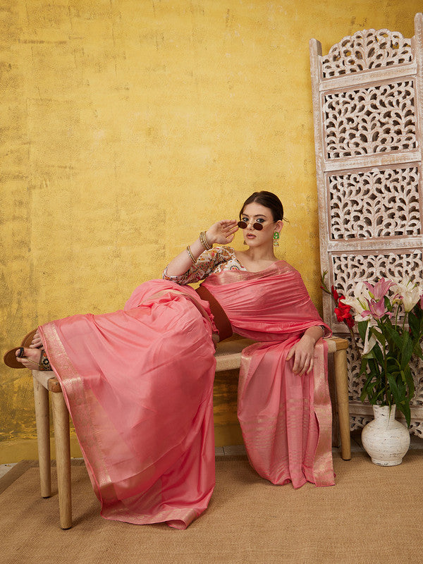 Light Pink Pure Viscose Chinon Zari Woven Solid Saree with Unstitched Blouse - Hiral Fashion