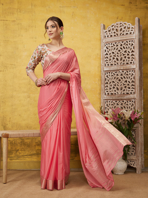 Light Pink Pure Viscose Chinon Zari Woven Solid Saree with Unstitched Blouse - Hiral Fashion