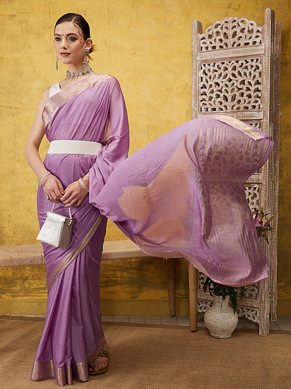 Purple pure Viscose Chinon saree with Zari woven detailing and unstitched blouse
