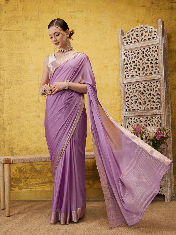 Purple Pure Viscose Chinon Zari Woven Solid Saree with Blouse