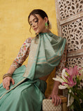 Solid turquoise Viscose Chinon saree with Zari woven borders and unstitched blouse