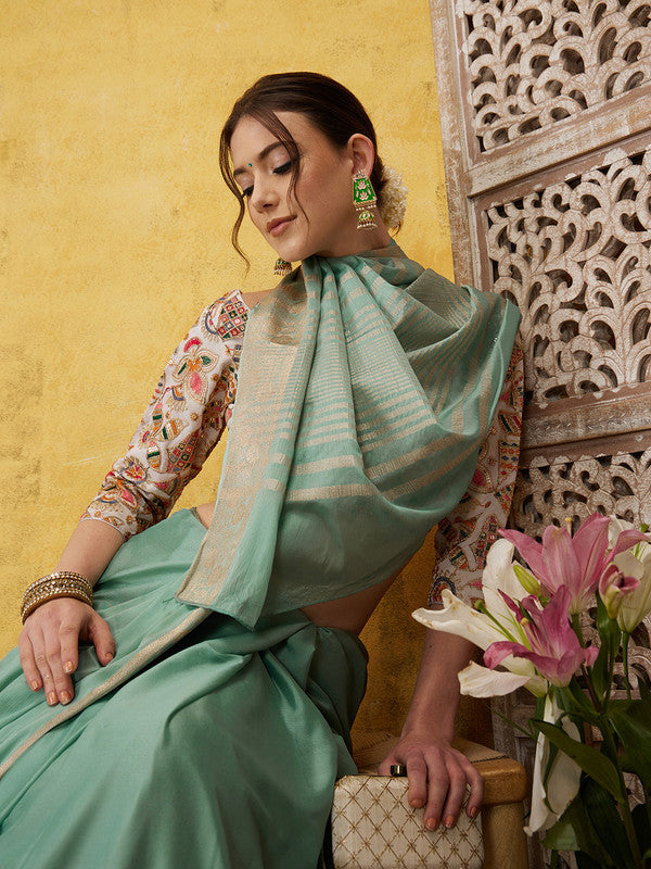 Solid turquoise Viscose Chinon saree with Zari woven borders and unstitched blouse