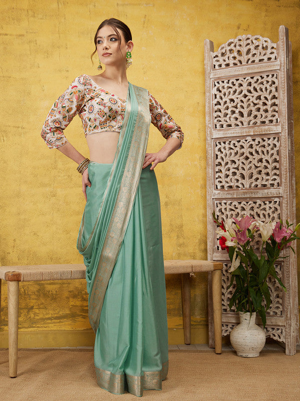 Turquoise Pure Viscose Chinon Zari Woven Solid Saree with Blouse