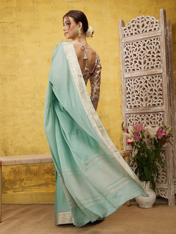Turquoise Pure Viscose Chinon Zari Woven Solid Saree with Blouse