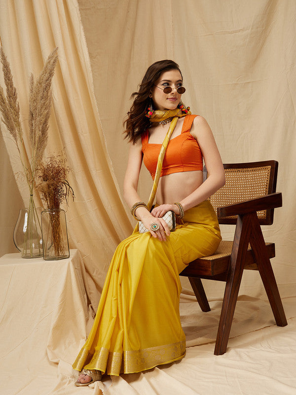 Yellow pure viscose chinon saree with zari woven borders and unstitched blouse piece