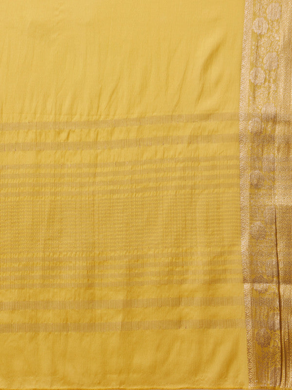 Yellow Viscose Chinon Saree with Zari Weave and Unstitched Blouse