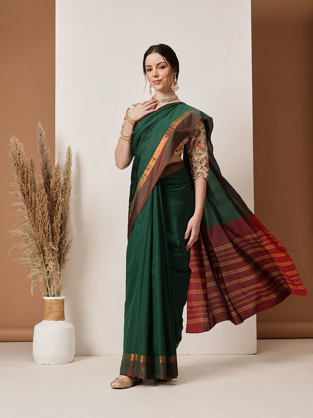 Solid Green Banarasi Art Silk saree with a smooth finish