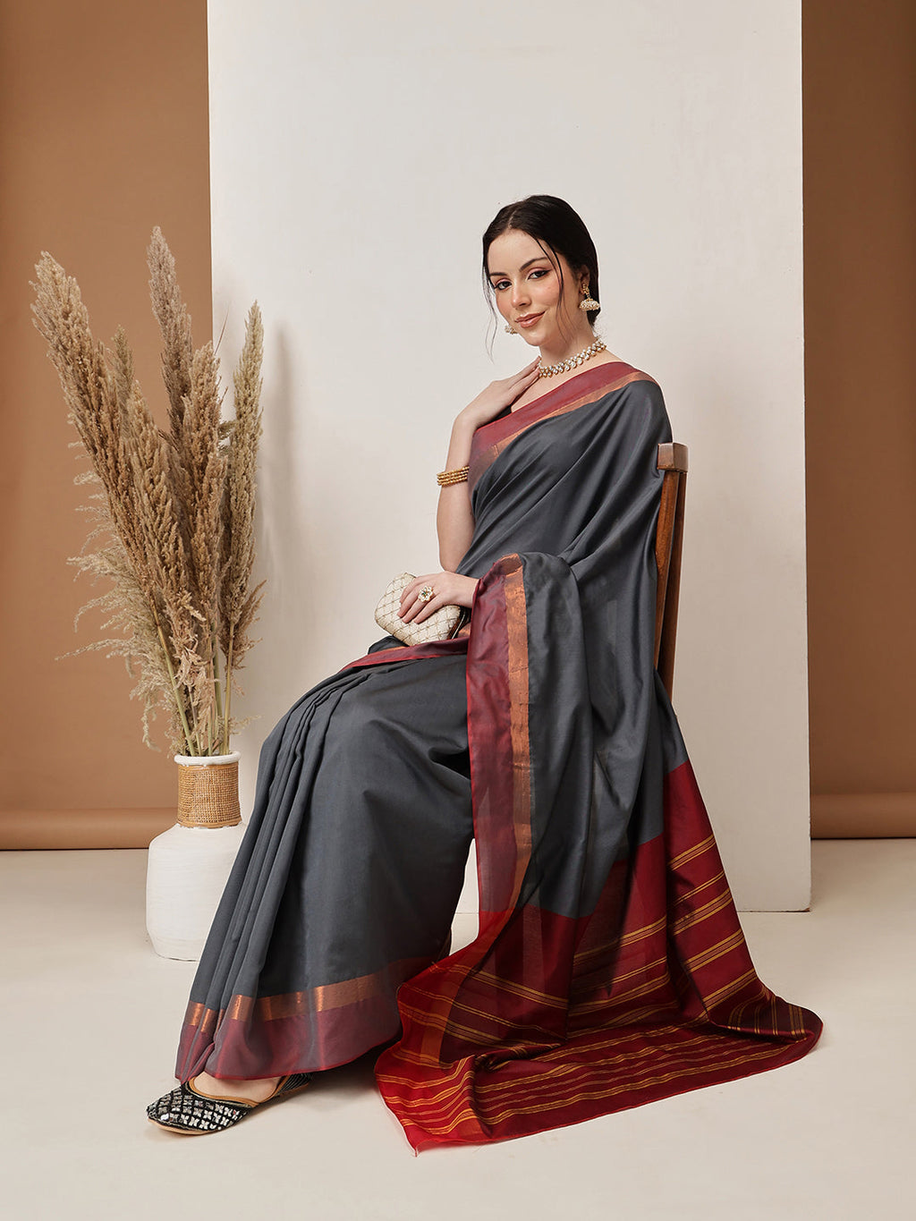 Grey Banarasi Art Silk Solid Saree for Elegant Traditional Wear