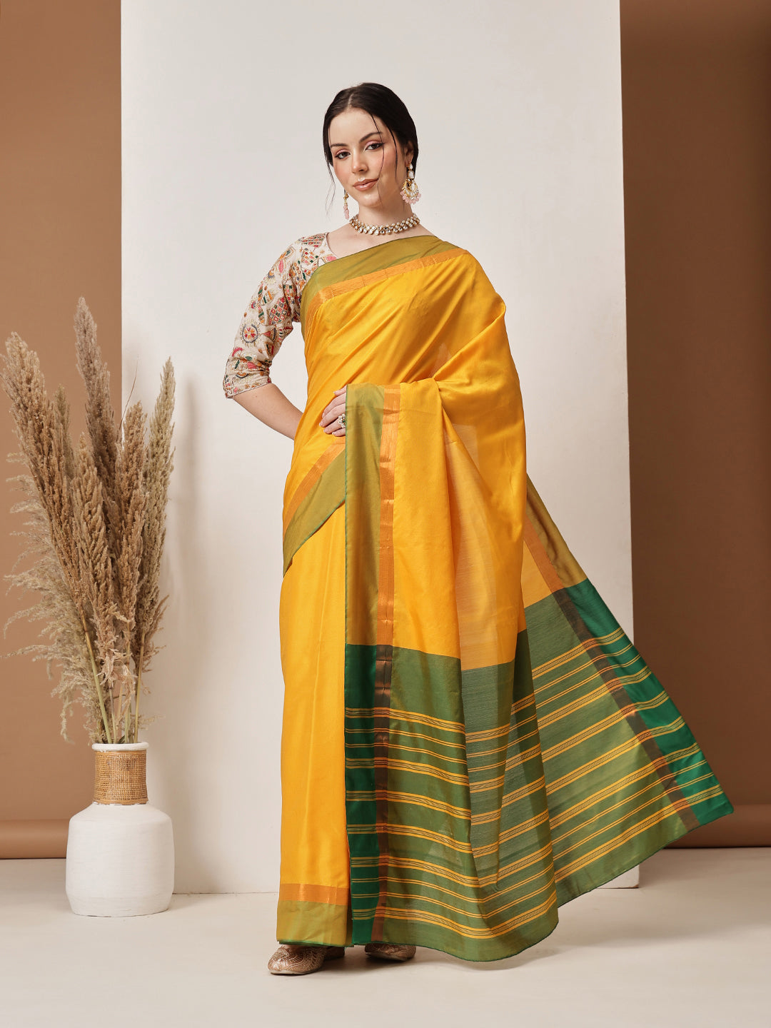 Mustard solid Banarasi Art Silk saree with a smooth finish