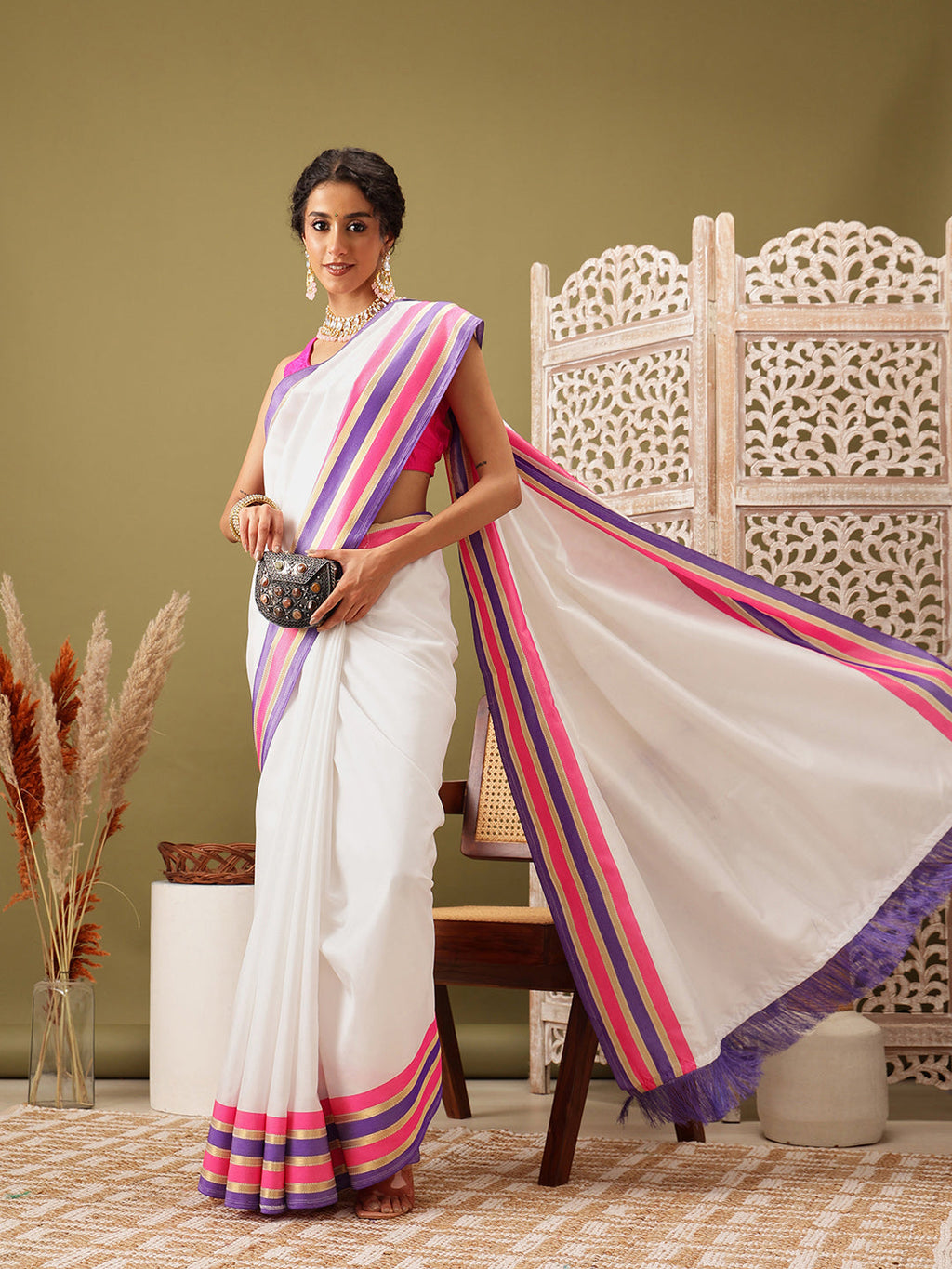 White Banarasi Soft Silk Solid Saree for Elegant Occasions