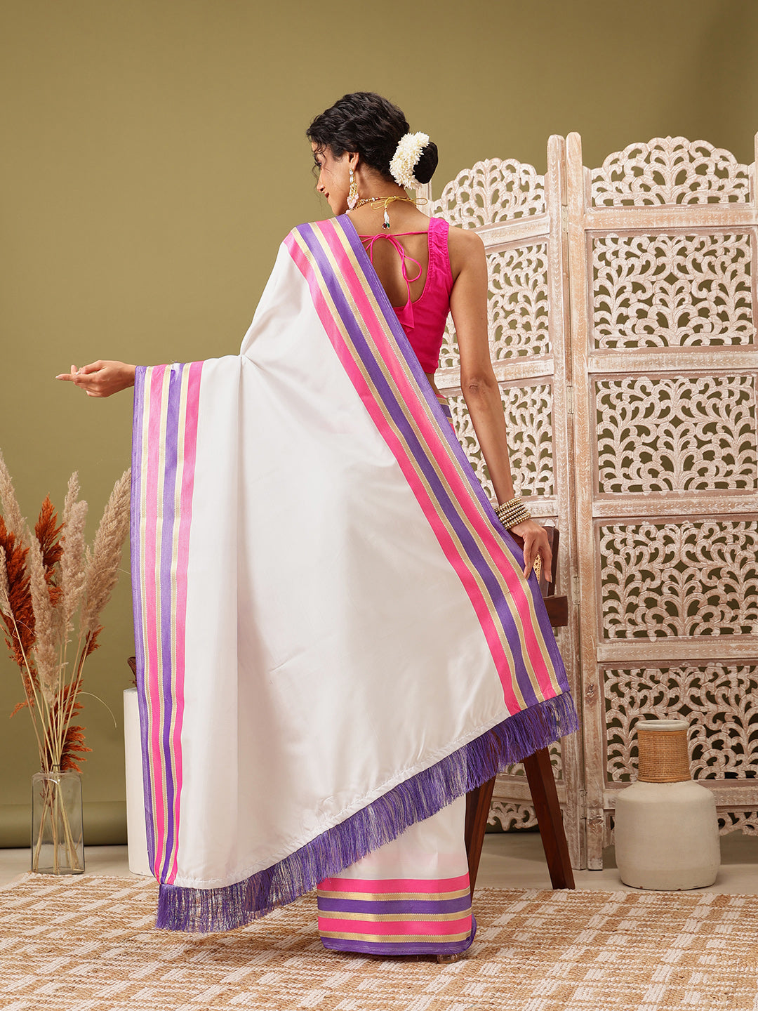 White Banarasi Soft Silk Solid Saree for Elegant Occasions