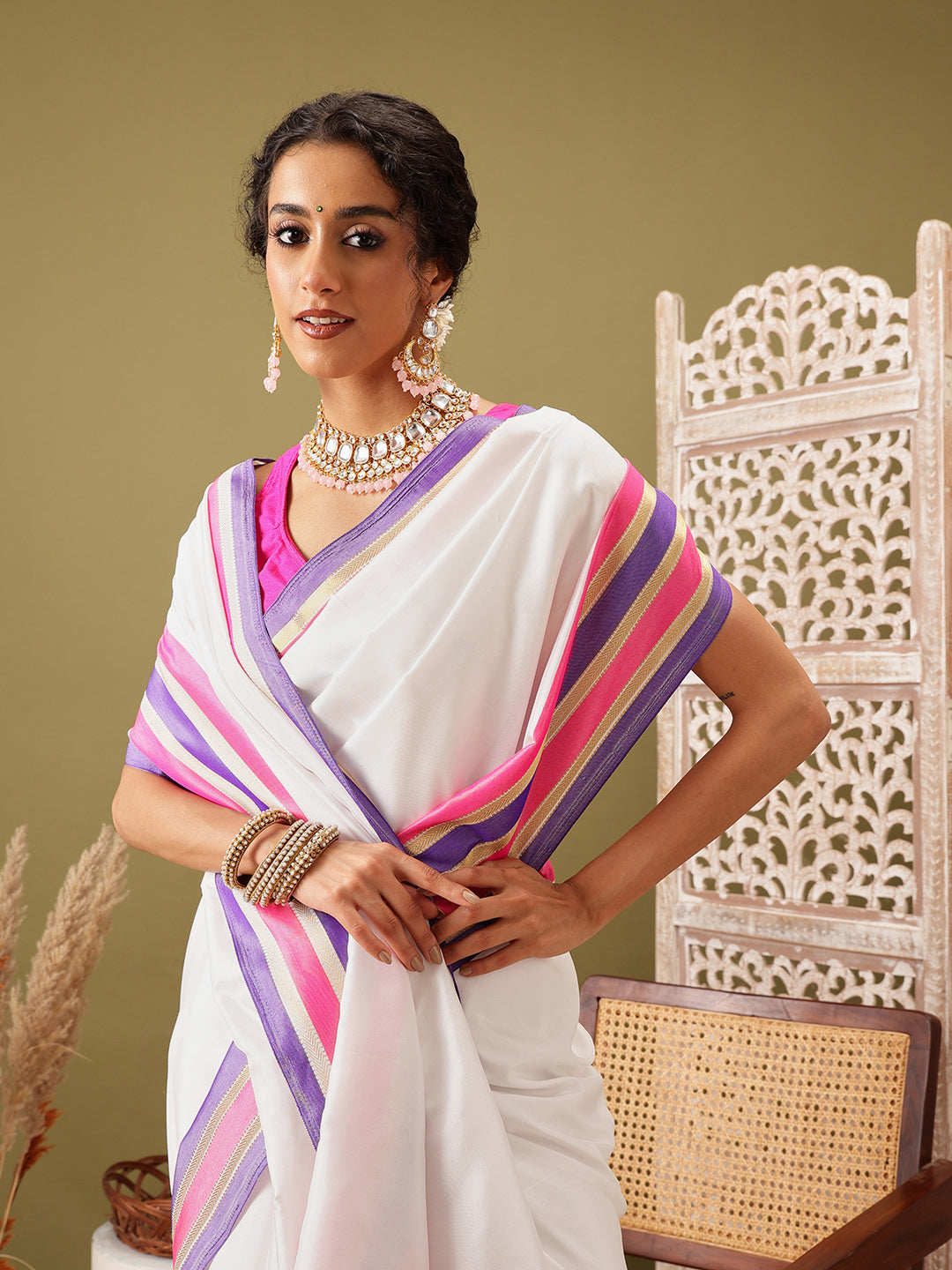 White Banarasi Soft Silk Solid Saree for Elegant Occasions