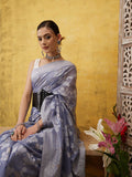 Gray Cotton Saree with floral woven Zari border.
