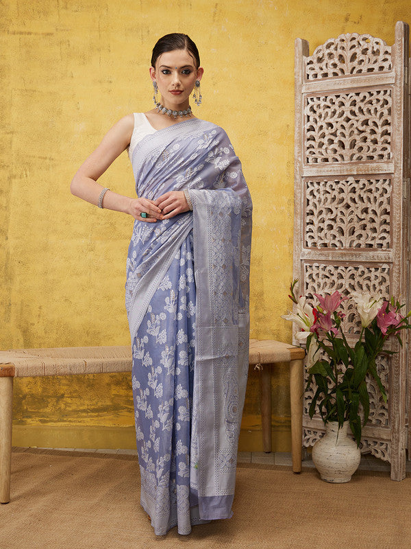 Gray Cotton Woven Zari Design Floral Saree