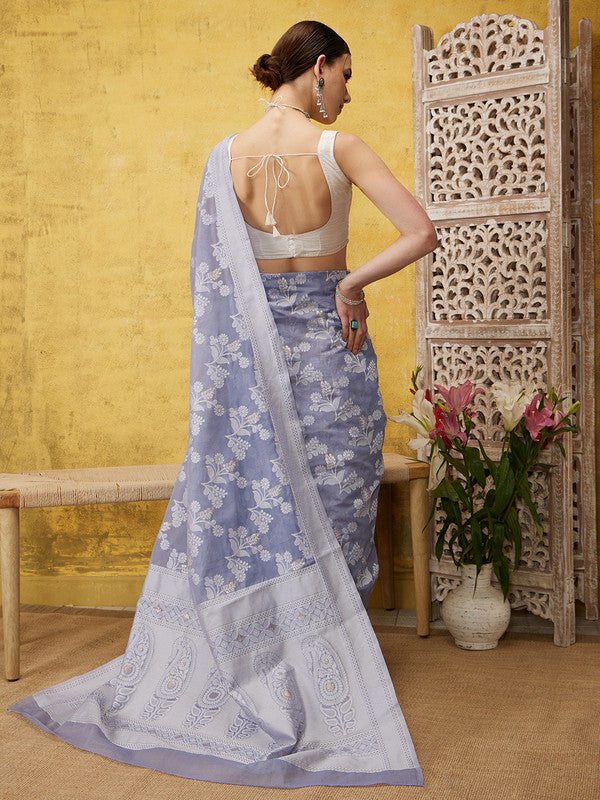 Gray Cotton Woven Zari Design Floral Saree