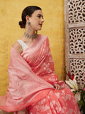 Peach cotton saree with intricate woven Zari and floral patterns and unstitched blouse