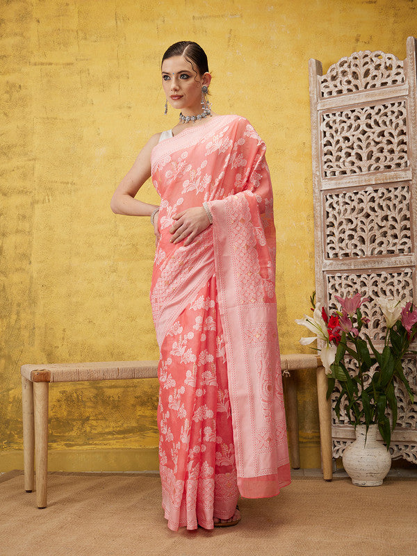 Peach Cotton Woven Zari Floral Saree with Blouse Piece