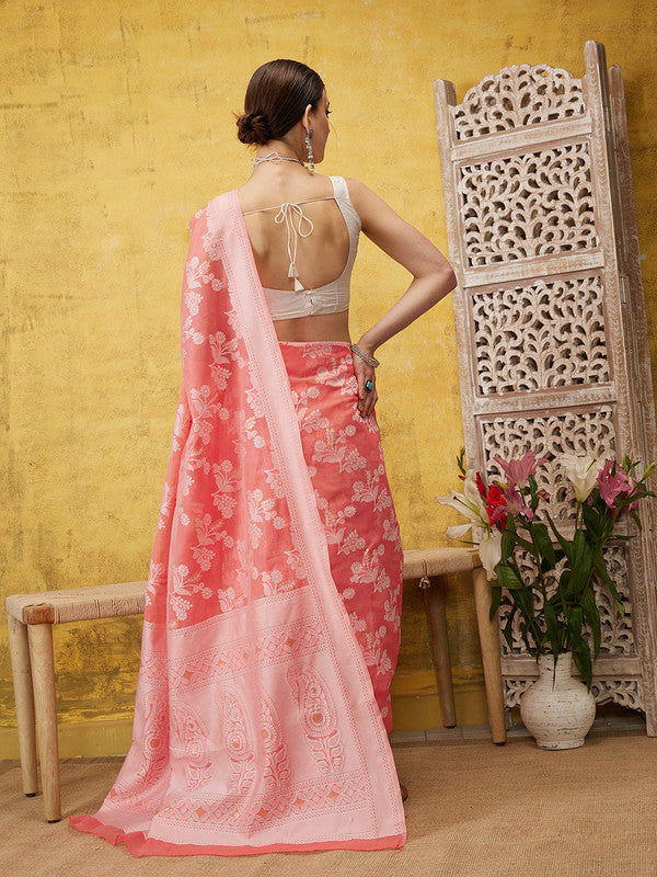 Peach Cotton Woven Zari Floral Saree with Blouse Piece